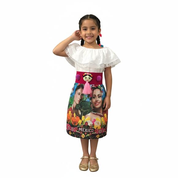 Traditional Mexican Embroidered Floral Dress Set – Handmade Two-Piece Size 4 - Picture 3 of 9